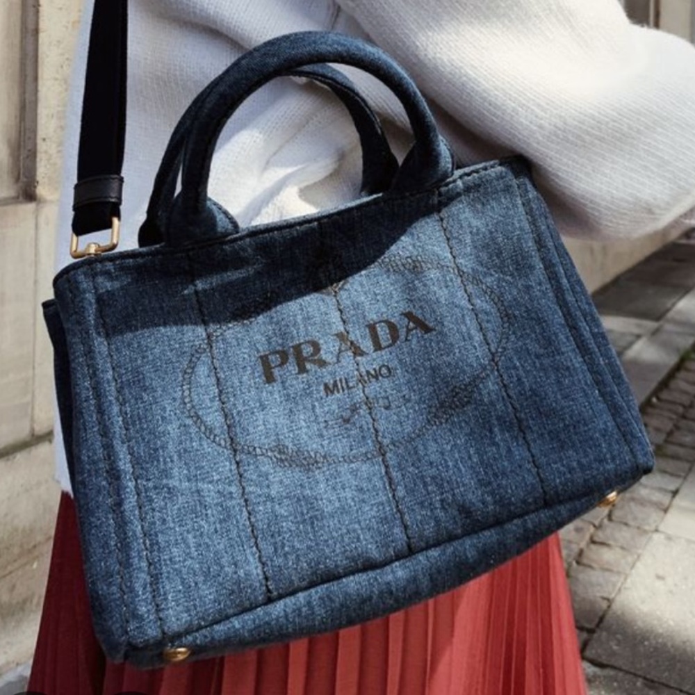 Prada Blue Denim Canapa Tote Triangle Logo Cross Body Optional